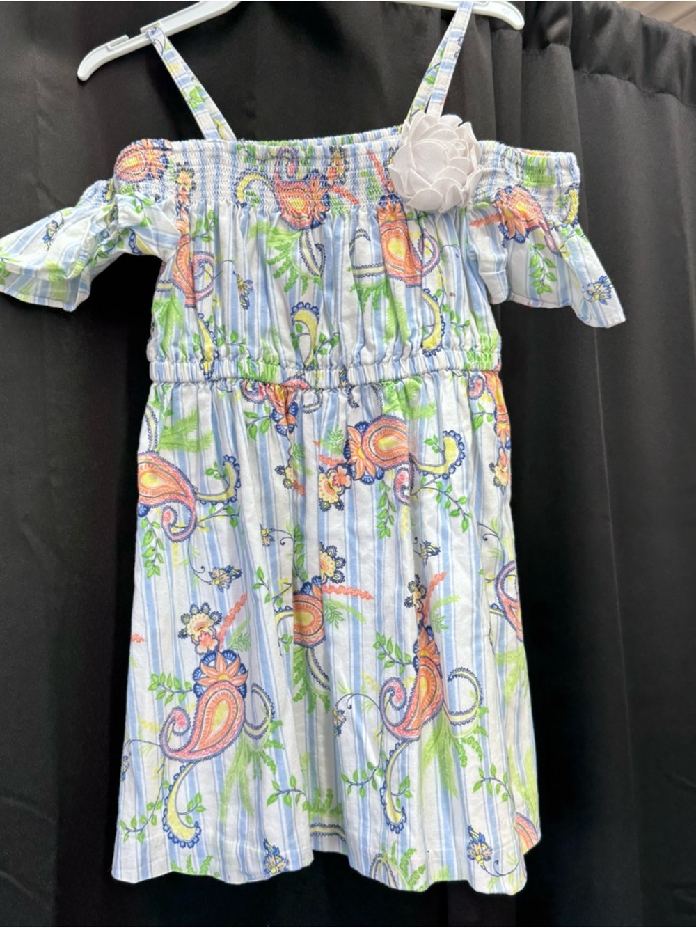 Janie and Jack Blue Striped Paisley Off-Shoulder Dress with White Flower